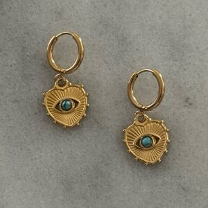 Gold Turquoise Heart Evil Eye Pendant Hoop Earrings 

Brand New